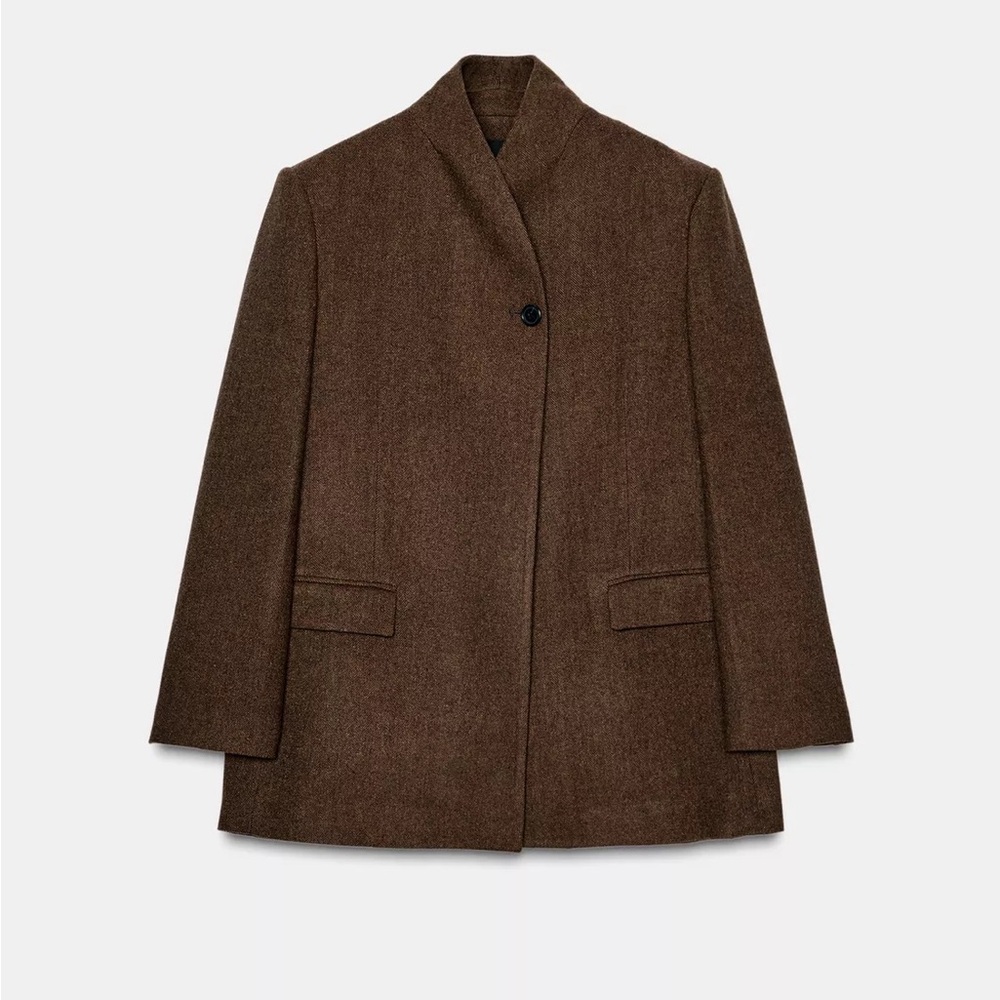 Zara New herringbone wool blend blazer in brown- large